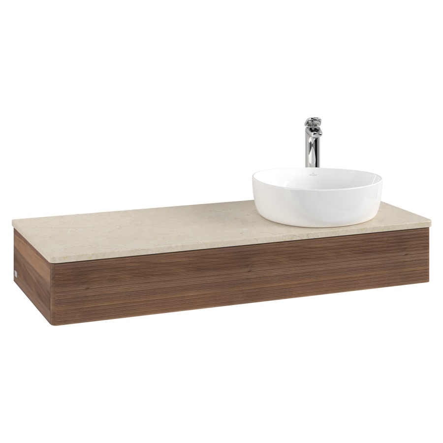 Élément inférieur  Antao
120 x 19 x 50 cm
élément de tiroir, 1&nbsp;tiroir
lavabo à droite
avec siphon gain de place
avec matériel de fixation
pour 1 lavabo à poser 101037/101038/234171
recouvrement Botticino, 1 trou pour robinet