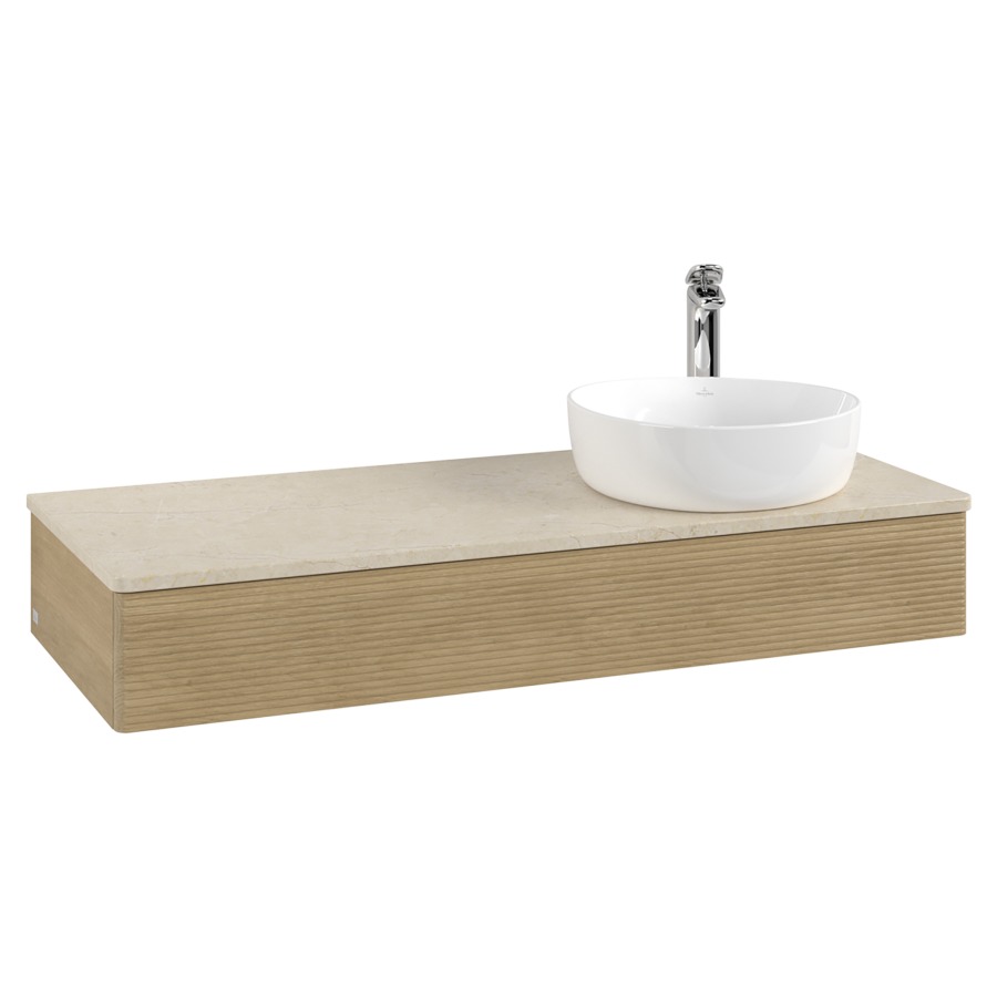 Élément inférieur  Antao
120 x 19 x 50 cm
élément de tiroir, 1&nbsp;tiroir
lavabo à droite
avec siphon gain de place
avec matériel de fixation
pour 1 lavabo à poser 101037/101038/234171
recouvrement Botticino, 1 trou pour robinet