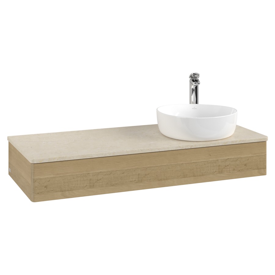 Élément inférieur  Antao
120 x 19 x 50 cm
élément de tiroir, 1&nbsp;tiroir
lavabo à droite
avec siphon gain de place
avec matériel de fixation
pour 1 lavabo à poser 101037/101038/234171
recouvrement Botticino, 1 trou pour robinet
