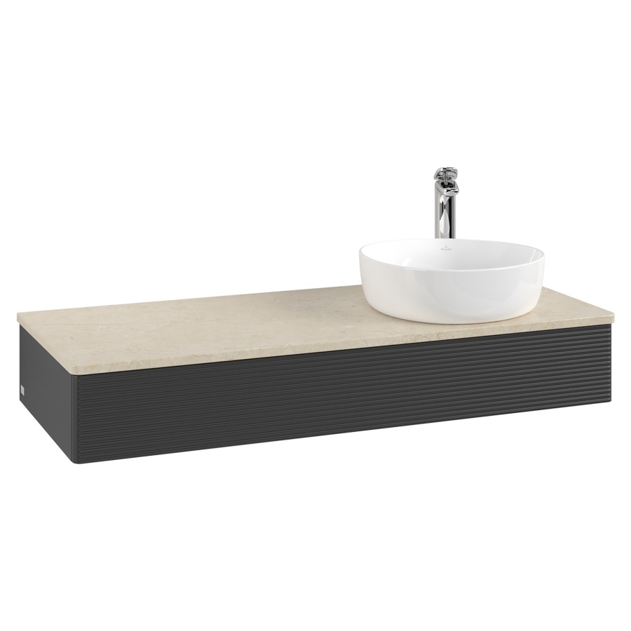 Élément inférieur  Antao
120 x 19 x 50 cm
élément de tiroir, 1&nbsp;tiroir
lavabo à droite
avec siphon gain de place
avec matériel de fixation
pour 1 lavabo à poser 101037/101038/234171
recouvrement Botticino, 1 trou pour robinet