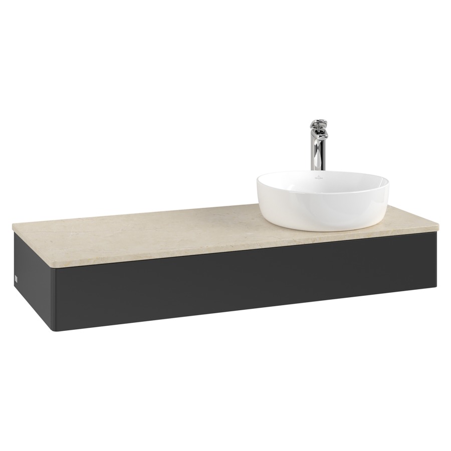 Élément inférieur  Antao
120 x 19 x 50 cm
élément de tiroir, 1&nbsp;tiroir
lavabo à droite
avec siphon gain de place
avec matériel de fixation
pour 1 lavabo à poser 101037/101038/234171
recouvrement Botticino, 1 trou pour robinet