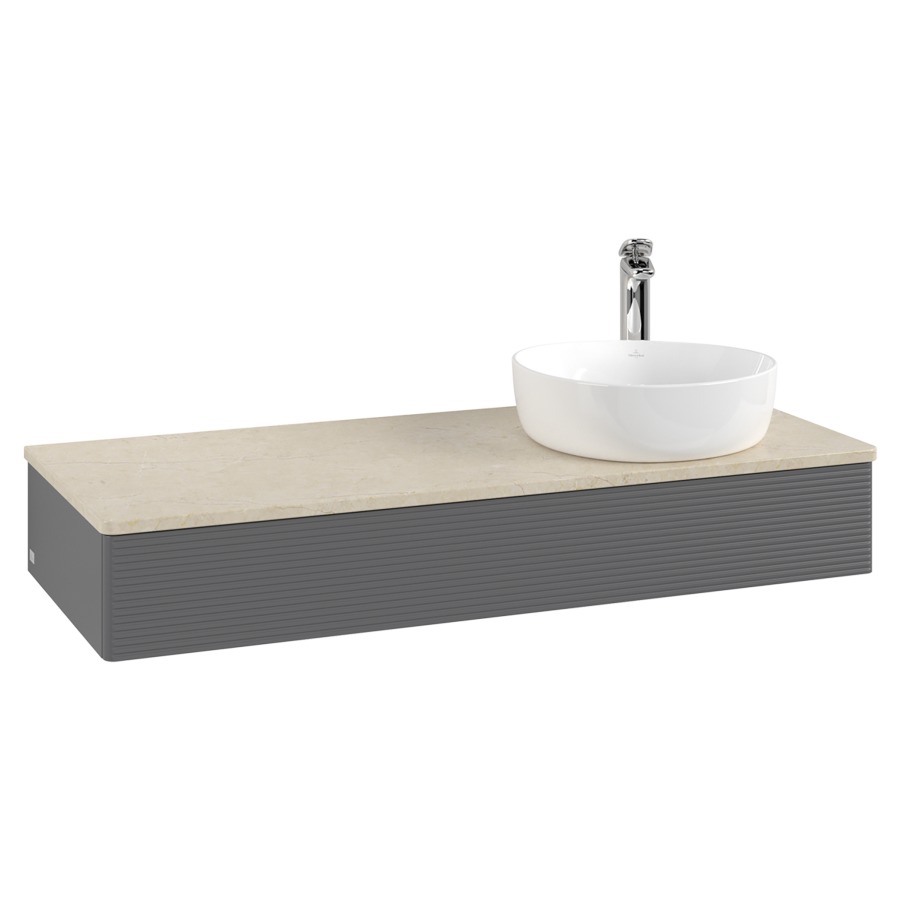 Élément inférieur  Antao
120 x 19 x 50 cm
élément de tiroir, 1&nbsp;tiroir
lavabo à droite
avec siphon gain de place
avec matériel de fixation
pour 1 lavabo à poser 101037/101038/234171
recouvrement Botticino, 1 trou pour robinet