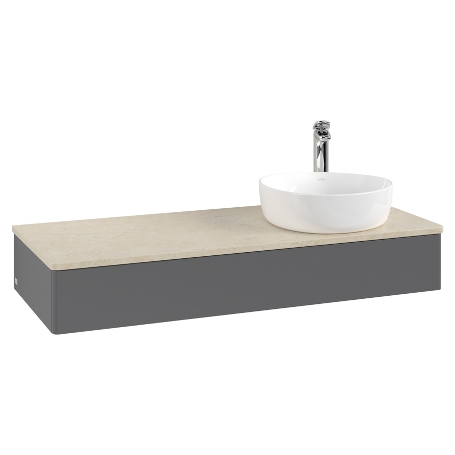 Élément inférieur  Antao
120 x 19 x 50 cm
élément de tiroir, 1&nbsp;tiroir
lavabo à droite
avec siphon gain de place
avec matériel de fixation
pour 1 lavabo à poser 101037/101038/234171
recouvrement Botticino, 1 trou pour robinet