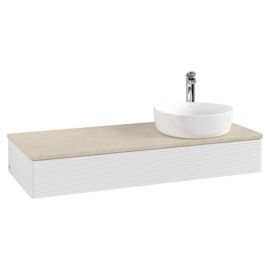 Élément inférieur  Antao
120 x 19 x 50 cm
élément de tiroir, 1&nbsp;tiroir
lavabo à droite
avec siphon gain de place
avec matériel de fixation
pour 1 lavabo à poser 101037/101038/234171
recouvrement Botticino, 1 trou pour robinet