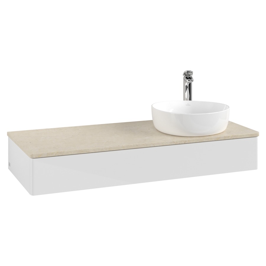 Élément inférieur  Antao
120 x 19 x 50 cm
élément de tiroir, 1&nbsp;tiroir
lavabo à droite
avec siphon gain de place
avec matériel de fixation
pour 1 lavabo à poser 101037/101038/234171
recouvrement Botticino, 1 trou pour robinet