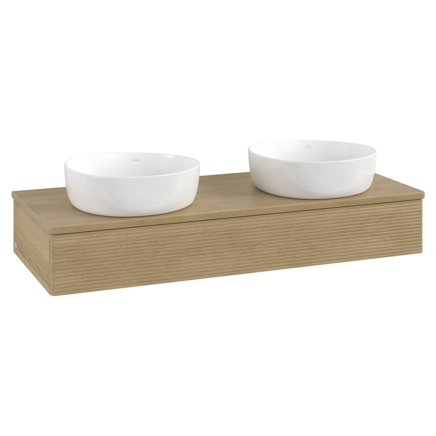 Élément inférieur  Antao
120 x 19 x 50 cm
élément de tiroir, 1&nbsp;tiroir
avec siphon gain de place
avec matériel de fixation
pour 2 lavabos à poser 101037/234171/234172
recouvrement Honey Oak
sans trou pour robinet
