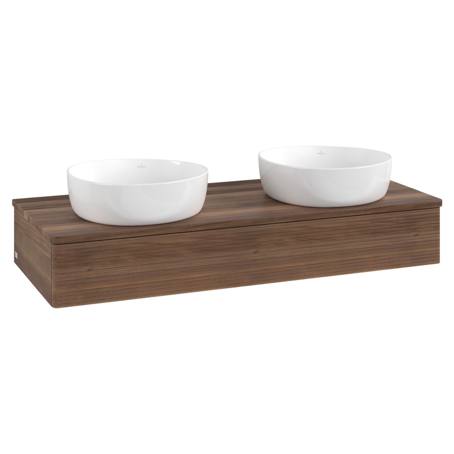 Élément inférieur  Antao
120 x 19 x 50 cm
élément de tiroir, 1&nbsp;tiroir
avec siphon gain de place
avec matériel de fixation
pour 2 lavabos à poser 101037/234171/234172
recouvrement Warm Walnut
sans trou pour robinet