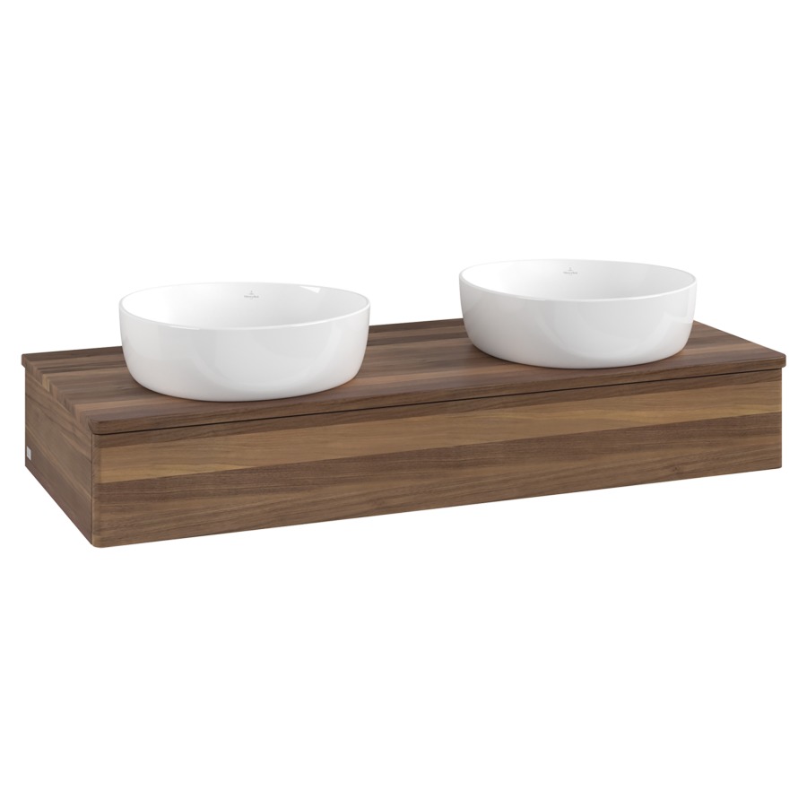 Élément inférieur  Antao
120 x 19 x 50 cm
élément de tiroir, 1&nbsp;tiroir
avec siphon gain de place
avec matériel de fixation
pour 2 lavabos à poser 101037/234171/234172
recouvrement Warm Walnut
sans trou pour robinet