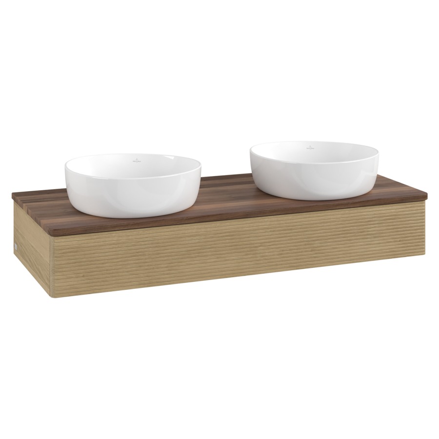 Élément inférieur  Antao
120 x 19 x 50 cm
élément de tiroir, 1&nbsp;tiroir
avec siphon gain de place
avec matériel de fixation
pour 2 lavabos à poser 101037/234171/234172
recouvrement Warm Walnut
sans trou pour robinet