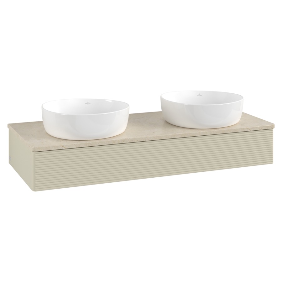 Élément inférieur  Antao
120 x 19 x 50 cm
élément de tiroir, 1&nbsp;tiroir
avec siphon gain de place
avec matériel de fixation
pour 2 lavabos à poser 101037/234171/234172
recouvrement Botticino
sans trou pour robinet