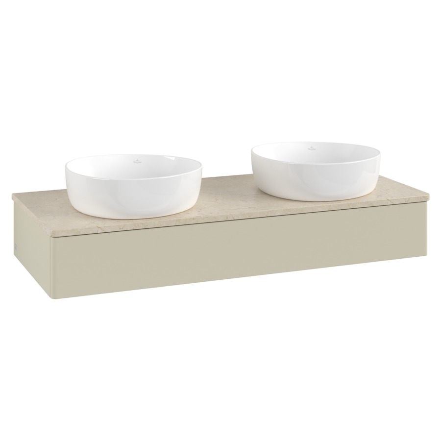 Élément inférieur  Antao
120 x 19 x 50 cm
élément de tiroir, 1&nbsp;tiroir
avec siphon gain de place
avec matériel de fixation
pour 2 lavabos à poser 101037/234171/234172
recouvrement Botticino
sans trou pour robinet