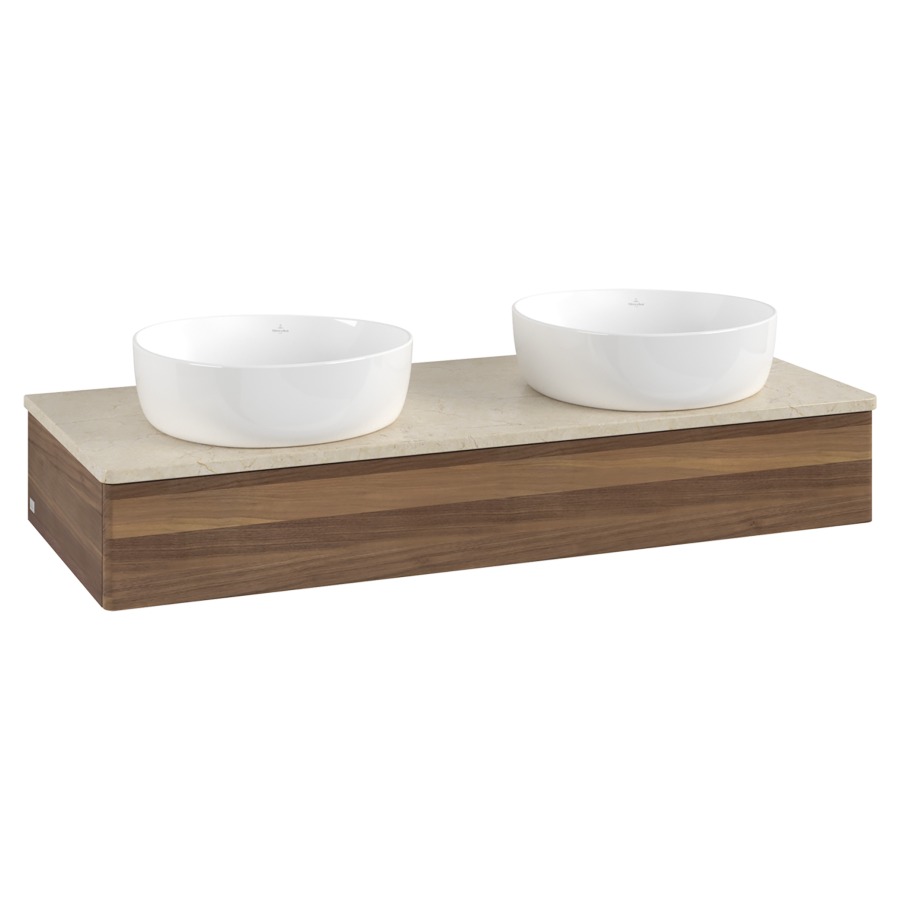 Élément inférieur  Antao
120 x 19 x 50 cm
élément de tiroir, 1&nbsp;tiroir
avec siphon gain de place
avec matériel de fixation
pour 2 lavabos à poser 101037/234171/234172
recouvrement Botticino
sans trou pour robinet