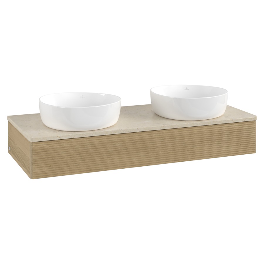 Élément inférieur  Antao
120 x 19 x 50 cm
élément de tiroir, 1&nbsp;tiroir
avec siphon gain de place
avec matériel de fixation
pour 2 lavabos à poser 101037/234171/234172
recouvrement Botticino
sans trou pour robinet