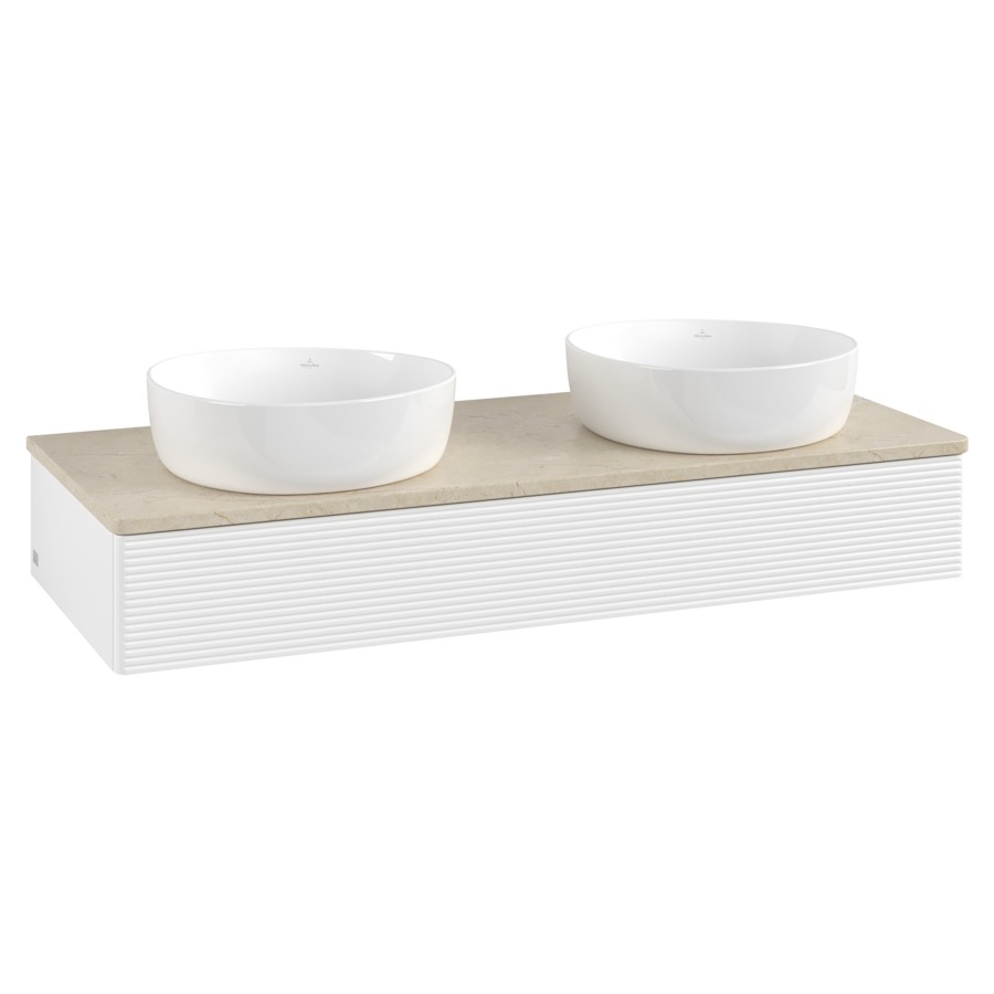 Élément inférieur  Antao
120 x 19 x 50 cm
élément de tiroir, 1&nbsp;tiroir
avec siphon gain de place
avec matériel de fixation
pour 2 lavabos à poser 101037/234171/234172
recouvrement Botticino
sans trou pour robinet