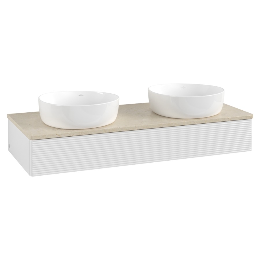 Élément inférieur  Antao
120 x 19 x 50 cm
élément de tiroir, 1&nbsp;tiroir
avec siphon gain de place
avec matériel de fixation
pour 2 lavabos à poser 101037/234171/234172
recouvrement Botticino
sans trou pour robinet