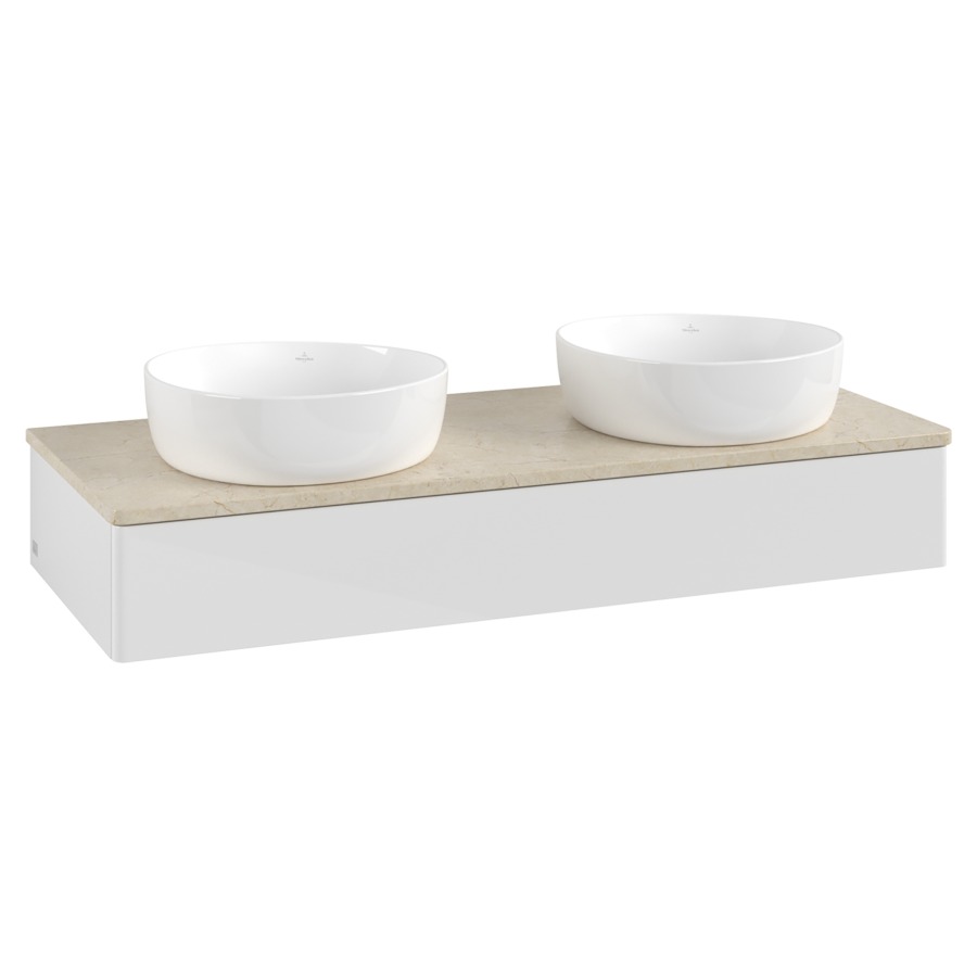 Élément inférieur  Antao
120 x 19 x 50 cm
élément de tiroir, 1&nbsp;tiroir
avec siphon gain de place
avec matériel de fixation
pour 2 lavabos à poser 101037/234171/234172
recouvrement Botticino
sans trou pour robinet