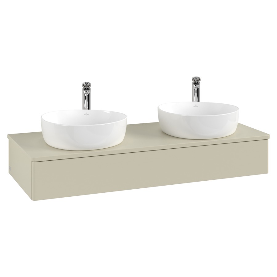 Élément inférieur  Antao
120 x 19 x 50 cm
élément de tiroir, 1&nbsp;tiroir
avec siphon gain de place
avec matériel de fixation
pour 2 lavabos à poser 101037/101038/234182
recouvrement avec trou pour robinet
