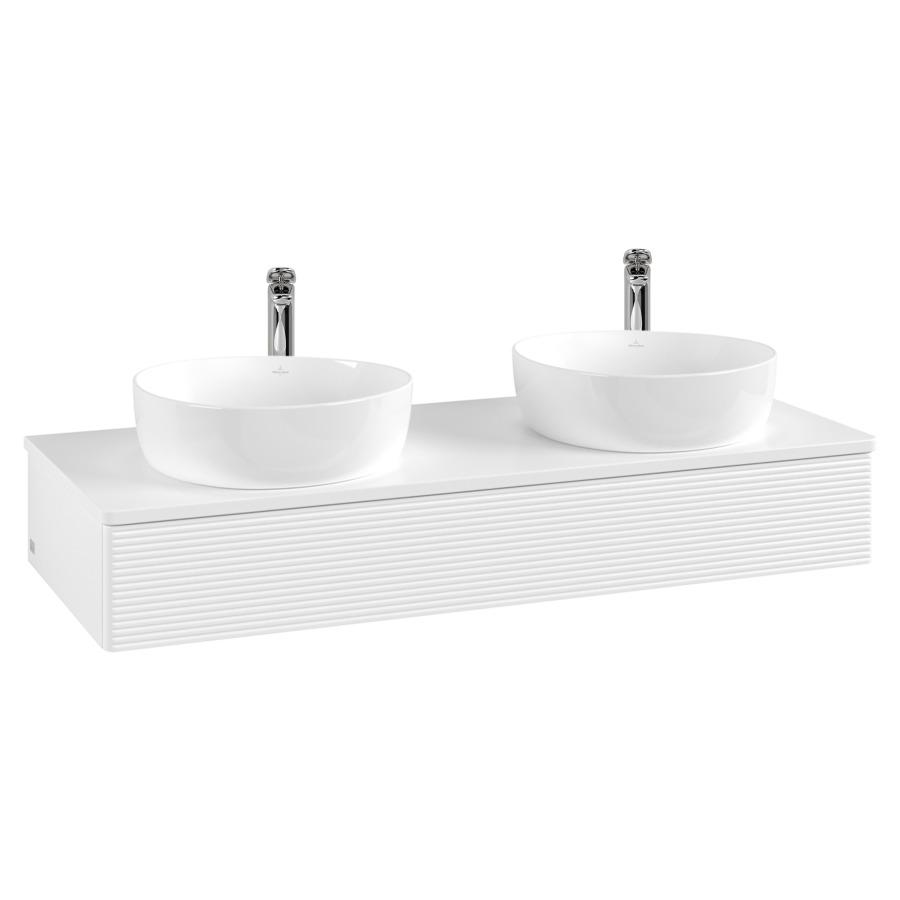 Élément inférieur  Antao
120 x 19 x 50 cm
élément de tiroir, 1&nbsp;tiroir
avec siphon gain de place
avec matériel de fixation
pour 2 lavabos à poser 101037/101038/234182
recouvrement avec trou pour robinet