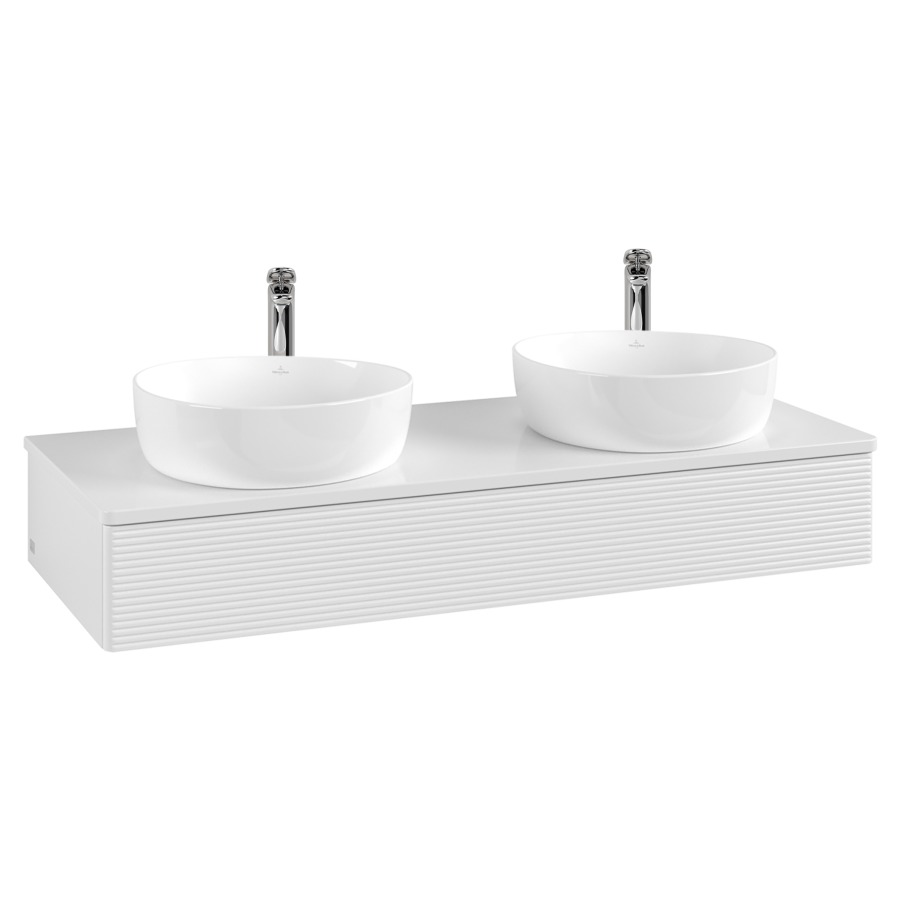 Élément inférieur  Antao
120 x 19 x 50 cm
élément de tiroir, 1&nbsp;tiroir
avec siphon gain de place
avec matériel de fixation
pour 2 lavabos à poser 101037/101038/234182
recouvrement avec trou pour robinet