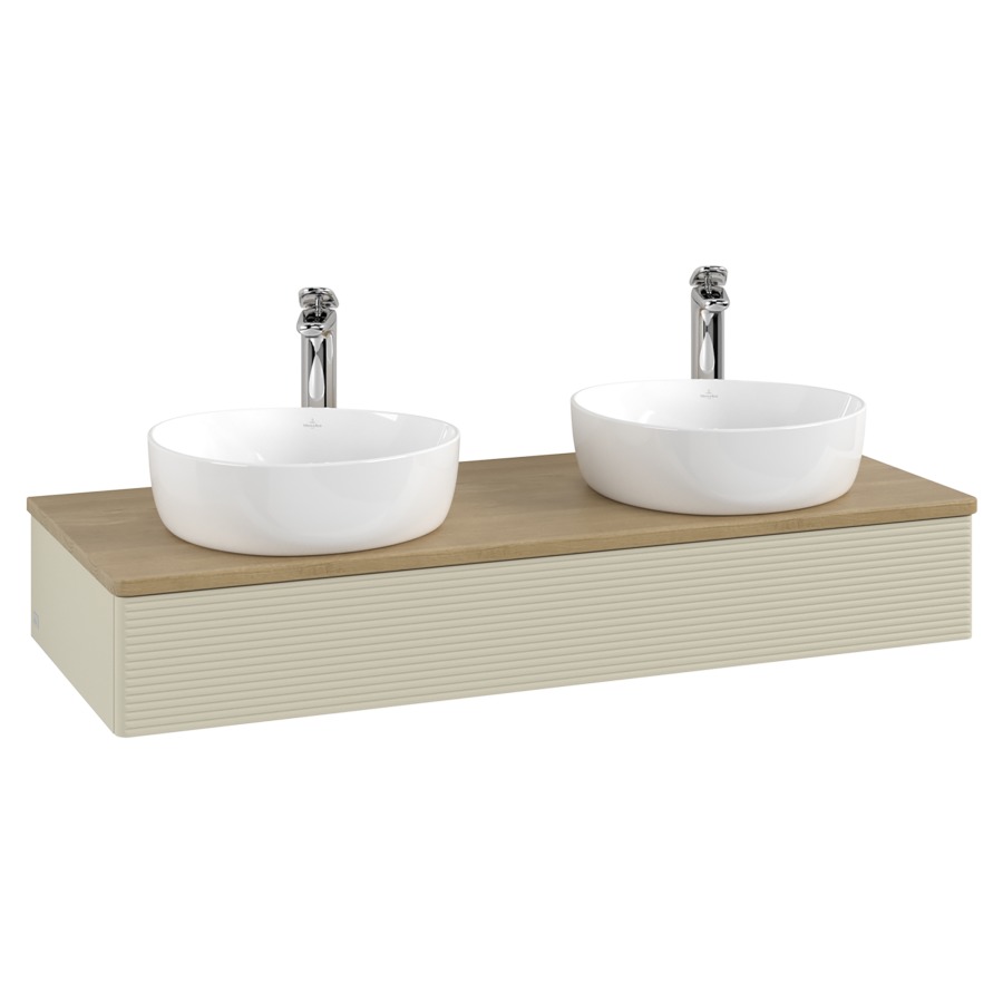 Élément inférieur  Antao
120 x 19 x 50 cm
élément de tiroir, 1&nbsp;tiroir
avec siphon gain de place
avec matériel de fixation
pour 2 lavabos à poser 101037/101038/234182
recouvrement Honey Oak, avec trou pour robinet