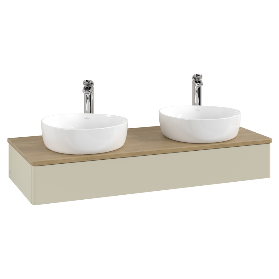 Élément inférieur  Antao
120 x 19 x 50 cm
élément de tiroir, 1&nbsp;tiroir
avec siphon gain de place
avec matériel de fixation
pour 2 lavabos à poser 101037/101038/234182
recouvrement Honey Oak, avec trou pour robinet