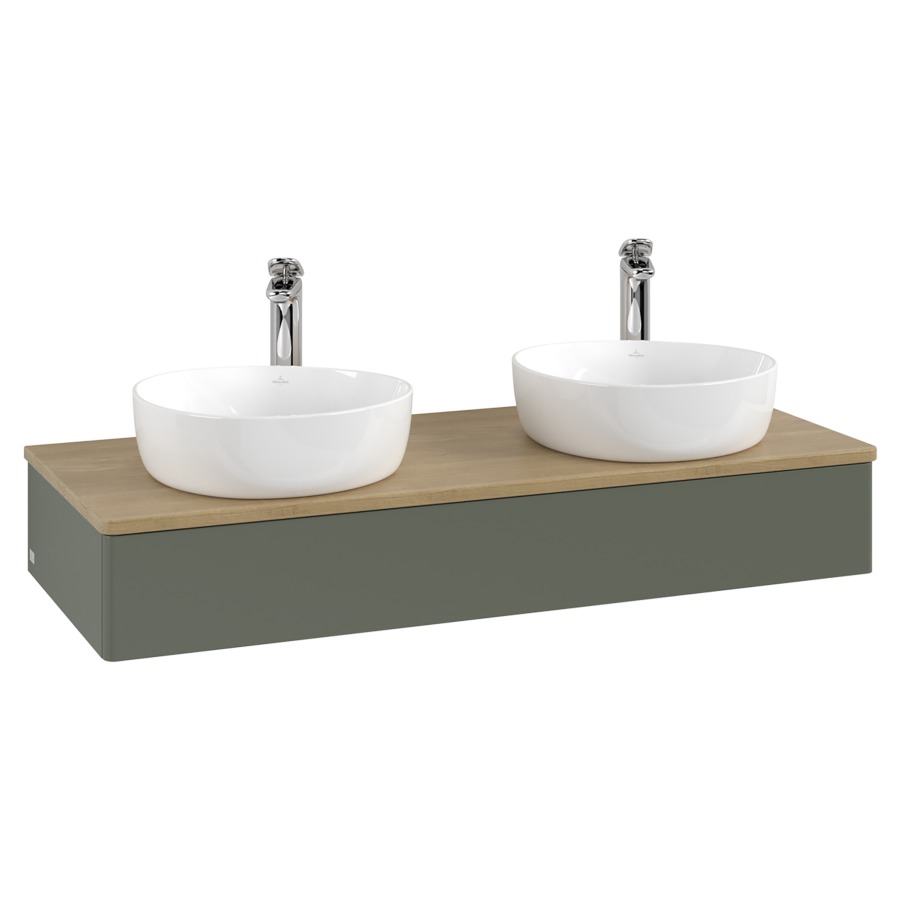 Élément inférieur  Antao
120 x 19 x 50 cm
élément de tiroir, 1&nbsp;tiroir
avec siphon gain de place
avec matériel de fixation
pour 2 lavabos à poser 101037/101038/234182
recouvrement Honey Oak, avec trou pour robinet