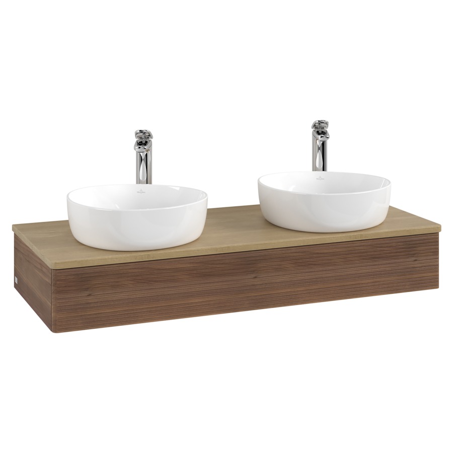 Élément inférieur  Antao
120 x 19 x 50 cm
élément de tiroir, 1&nbsp;tiroir
avec siphon gain de place
avec matériel de fixation
pour 2 lavabos à poser 101037/101038/234182
recouvrement Honey Oak, avec trou pour robinet