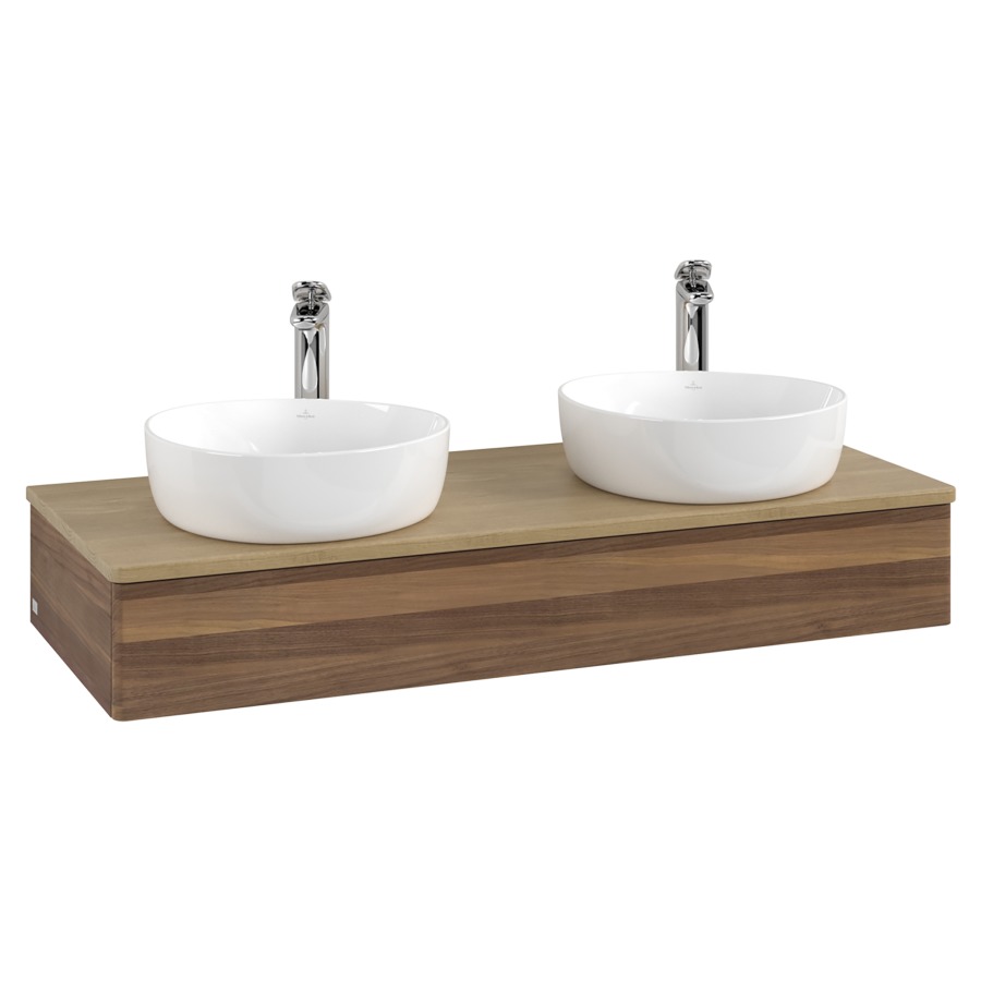 Élément inférieur  Antao
120 x 19 x 50 cm
élément de tiroir, 1&nbsp;tiroir
avec siphon gain de place
avec matériel de fixation
pour 2 lavabos à poser 101037/101038/234182
recouvrement Honey Oak, avec trou pour robinet
