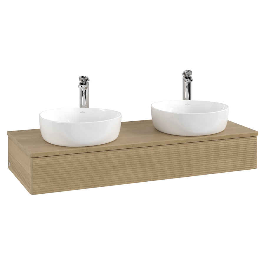 Élément inférieur  Antao
120 x 19 x 50 cm
élément de tiroir, 1&nbsp;tiroir
avec siphon gain de place
avec matériel de fixation
pour 2 lavabos à poser 101037/101038/234182
recouvrement Honey Oak, avec trou pour robinet