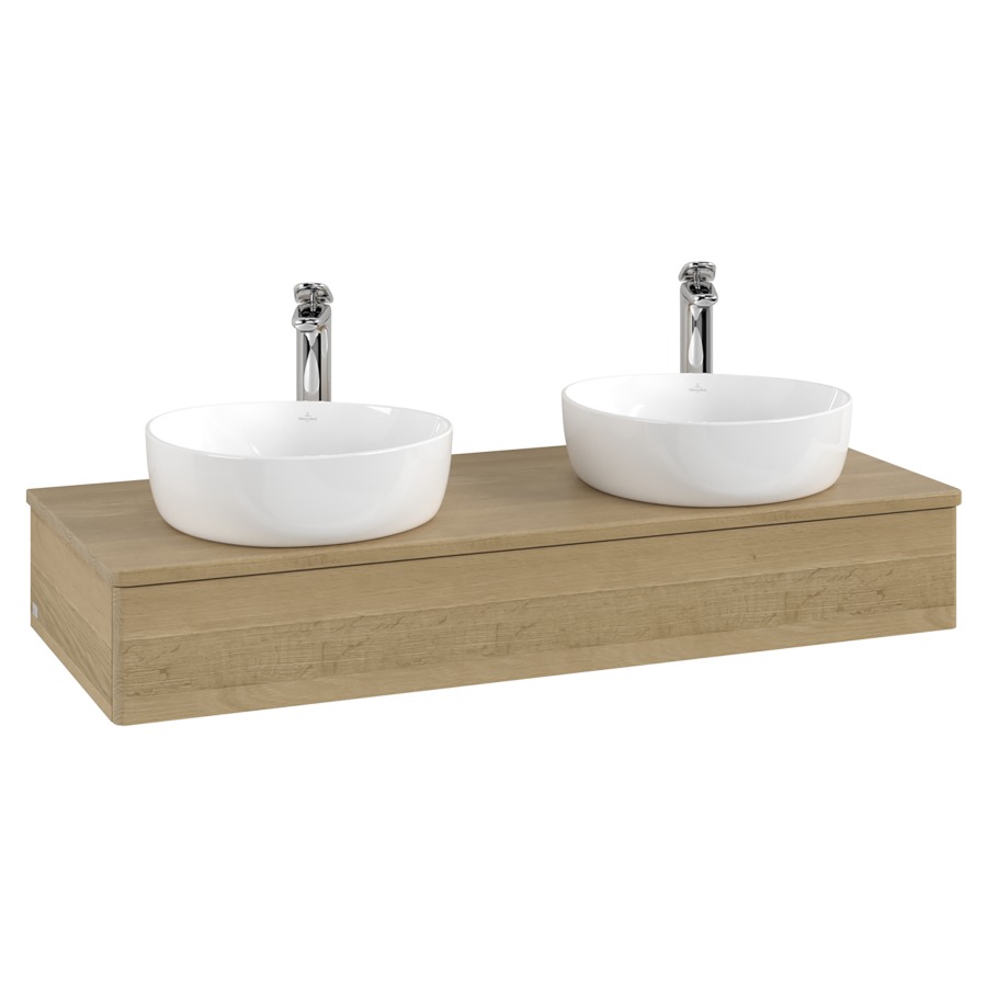 Élément inférieur  Antao
120 x 19 x 50 cm
élément de tiroir, 1&nbsp;tiroir
avec siphon gain de place
avec matériel de fixation
pour 2 lavabos à poser 101037/101038/234182
recouvrement Honey Oak, avec trou pour robinet