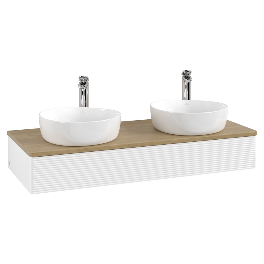 Élément inférieur  Antao
120 x 19 x 50 cm
élément de tiroir, 1&nbsp;tiroir
avec siphon gain de place
avec matériel de fixation
pour 2 lavabos à poser 101037/101038/234182
recouvrement Honey Oak, avec trou pour robinet
