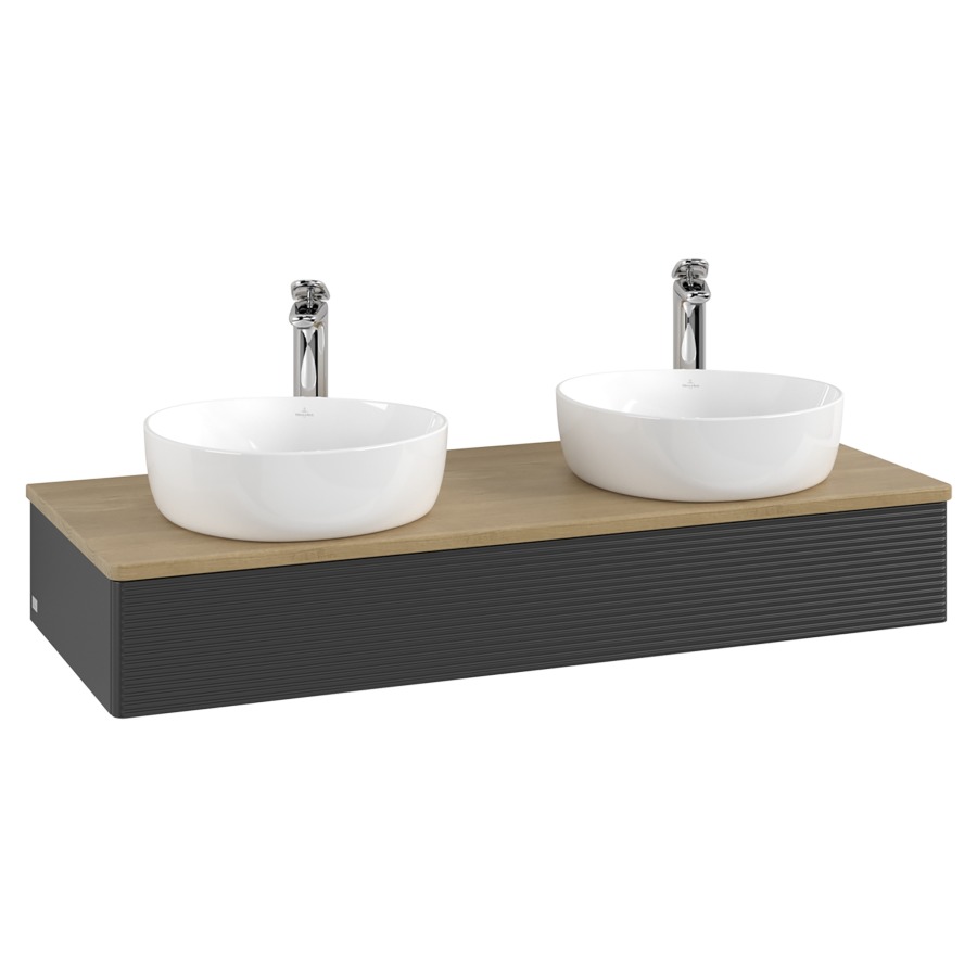 Élément inférieur  Antao
120 x 19 x 50 cm
élément de tiroir, 1&nbsp;tiroir
avec siphon gain de place
avec matériel de fixation
pour 2 lavabos à poser 101037/101038/234182
recouvrement Honey Oak, avec trou pour robinet