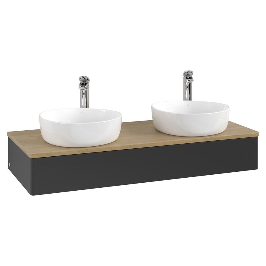 Élément inférieur  Antao
120 x 19 x 50 cm
élément de tiroir, 1&nbsp;tiroir
avec siphon gain de place
avec matériel de fixation
pour 2 lavabos à poser 101037/101038/234182
recouvrement Honey Oak, avec trou pour robinet