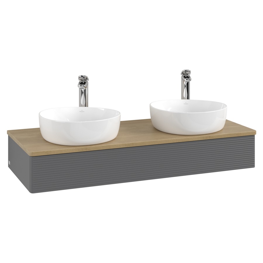 Élément inférieur  Antao
120 x 19 x 50 cm
élément de tiroir, 1&nbsp;tiroir
avec siphon gain de place
avec matériel de fixation
pour 2 lavabos à poser 101037/101038/234182
recouvrement Honey Oak, avec trou pour robinet