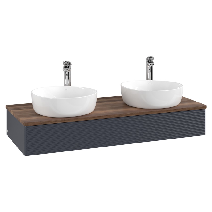 Élément inférieur  Antao
120 x 19 x 50 cm
élément de tiroir, 1&nbsp;tiroir
avec siphon gain de place
avec matériel de fixation
pour 2 lavabos à poser 101037/101038/234182
recouvrement Warm Walnut, avec trou pour robinet