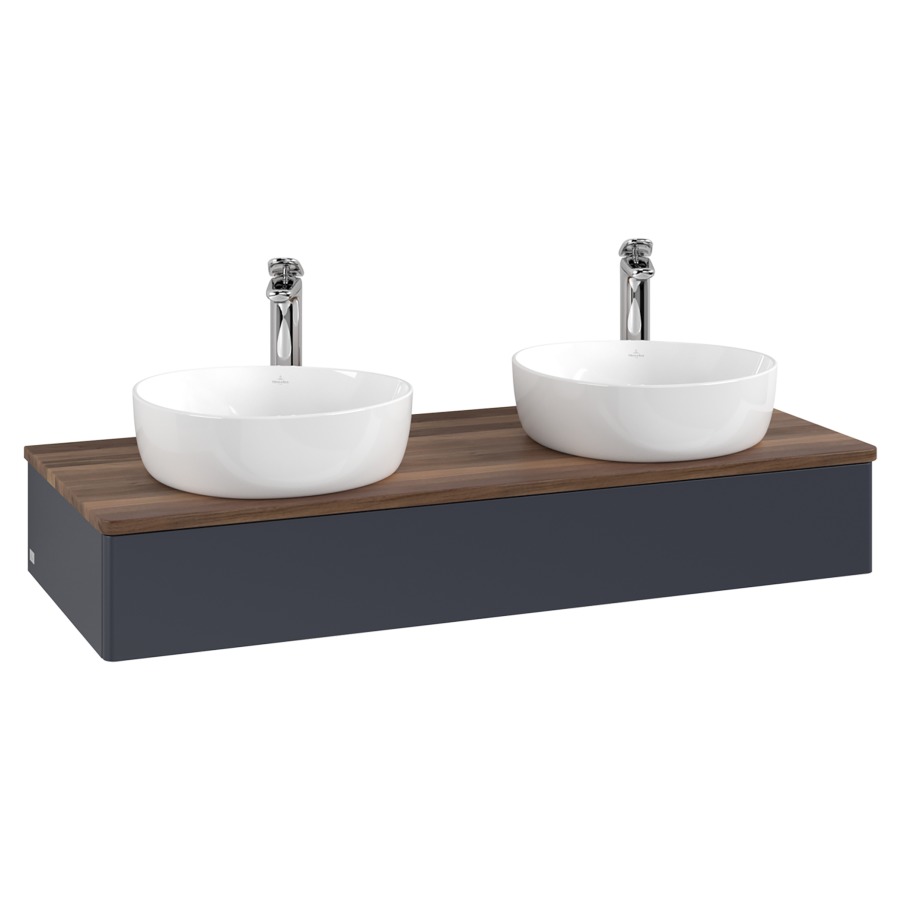 Élément inférieur  Antao
120 x 19 x 50 cm
élément de tiroir, 1&nbsp;tiroir
avec siphon gain de place
avec matériel de fixation
pour 2 lavabos à poser 101037/101038/234182
recouvrement Warm Walnut, avec trou pour robinet