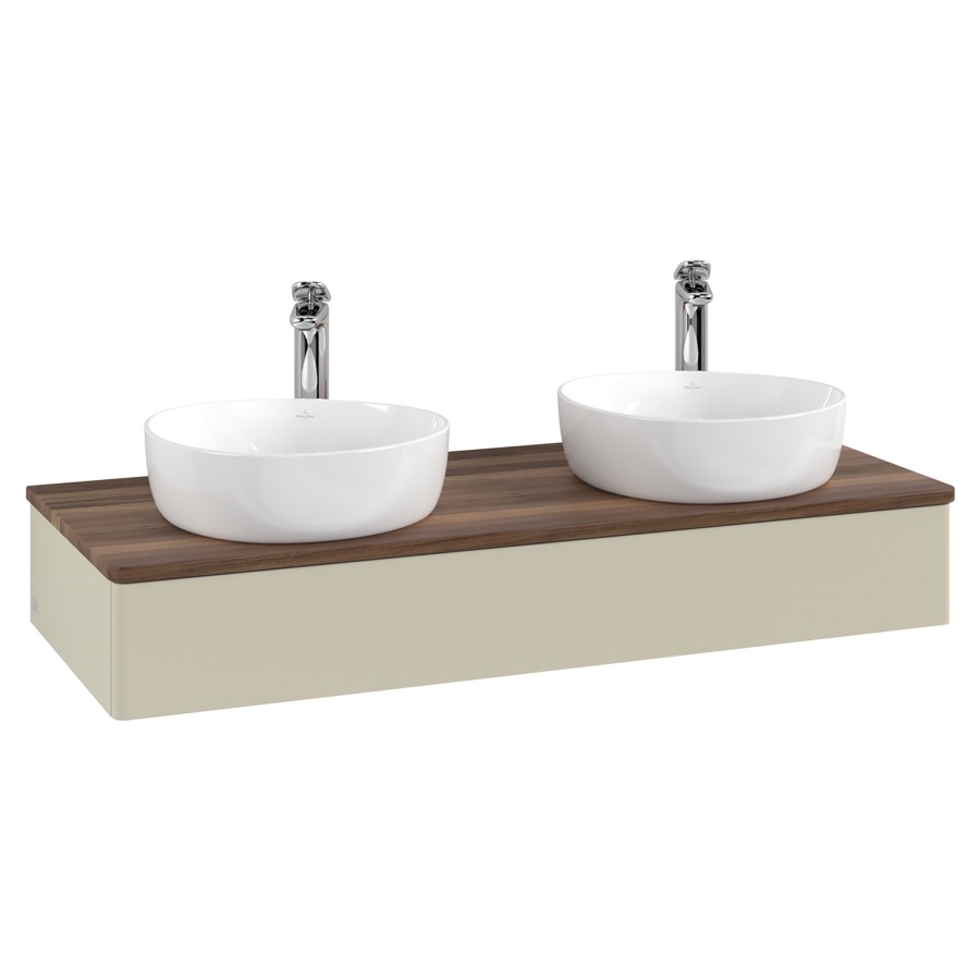 Élément inférieur  Antao
120 x 19 x 50 cm
élément de tiroir, 1&nbsp;tiroir
avec siphon gain de place
avec matériel de fixation
pour 2 lavabos à poser 101037/101038/234182
recouvrement Warm Walnut, avec trou pour robinet