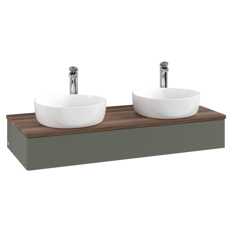Élément inférieur  Antao
120 x 19 x 50 cm
élément de tiroir, 1&nbsp;tiroir
avec siphon gain de place
avec matériel de fixation
pour 2 lavabos à poser 101037/101038/234182
recouvrement Warm Walnut, avec trou pour robinet