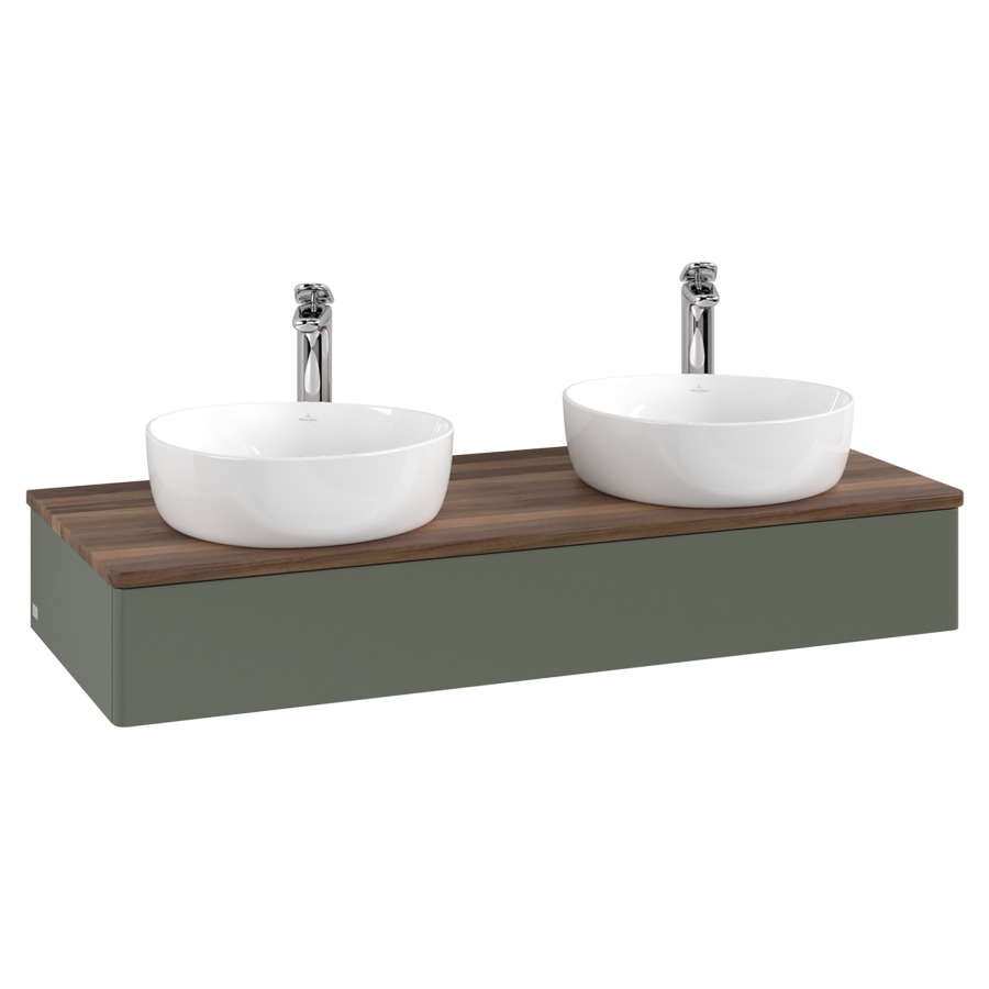 Élément inférieur  Antao
120 x 19 x 50 cm
élément de tiroir, 1&nbsp;tiroir
avec siphon gain de place
avec matériel de fixation
pour 2 lavabos à poser 101037/101038/234182
recouvrement Warm Walnut, avec trou pour robinet