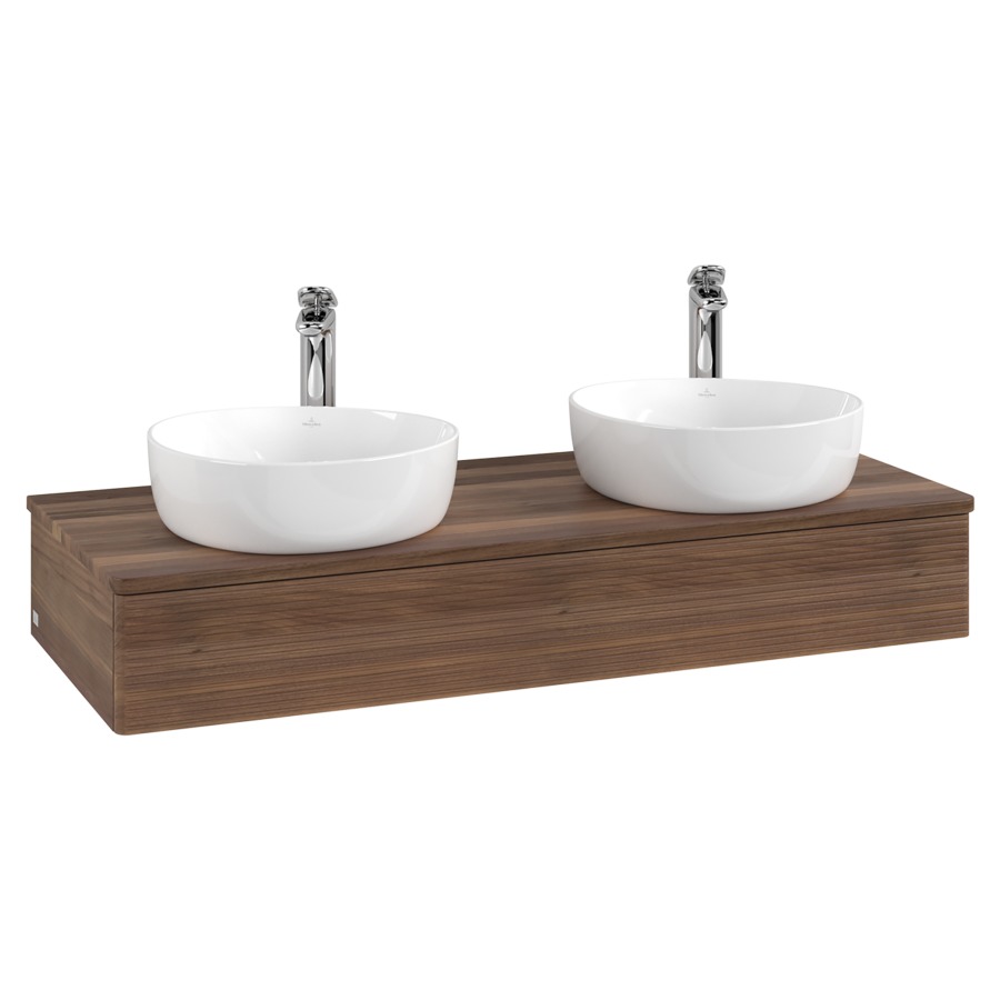 Élément inférieur  Antao
120 x 19 x 50 cm
élément de tiroir, 1&nbsp;tiroir
avec siphon gain de place
avec matériel de fixation
pour 2 lavabos à poser 101037/101038/234182
recouvrement Warm Walnut, avec trou pour robinet