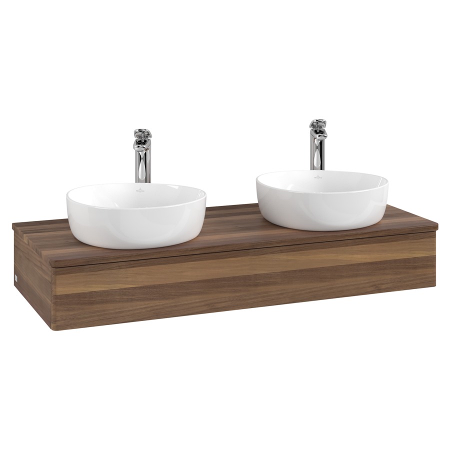 Élément inférieur  Antao
120 x 19 x 50 cm
élément de tiroir, 1&nbsp;tiroir
avec siphon gain de place
avec matériel de fixation
pour 2 lavabos à poser 101037/101038/234182
recouvrement Warm Walnut, avec trou pour robinet