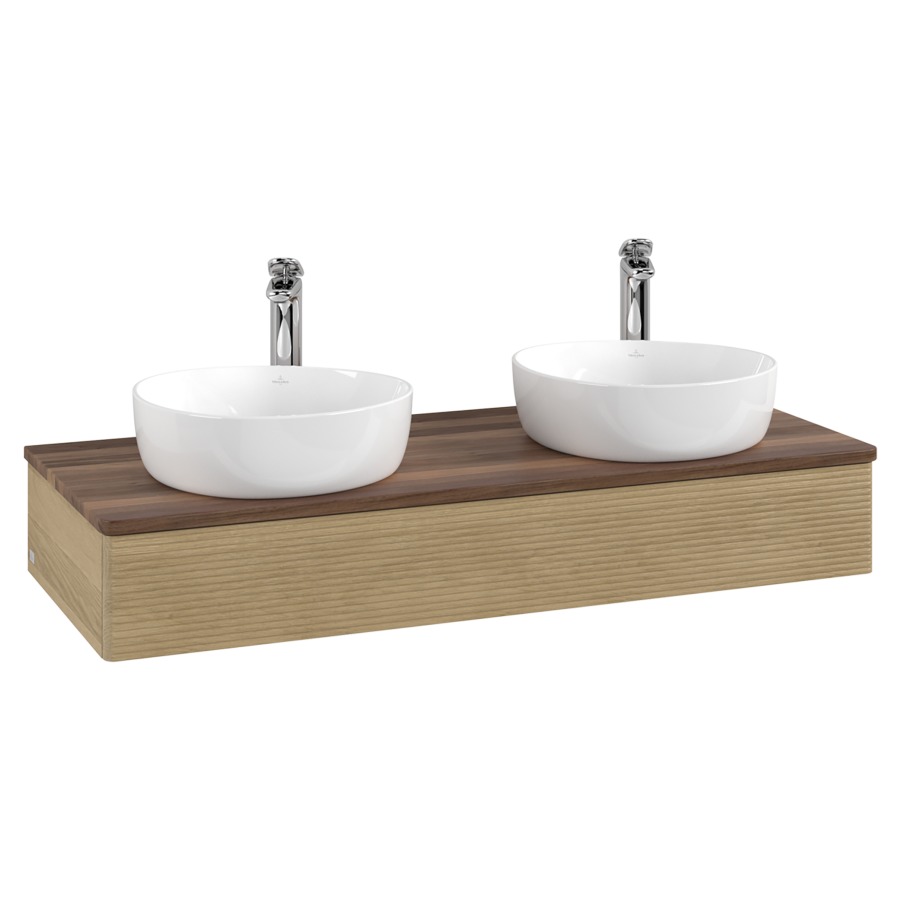 Élément inférieur  Antao
120 x 19 x 50 cm
élément de tiroir, 1&nbsp;tiroir
avec siphon gain de place
avec matériel de fixation
pour 2 lavabos à poser 101037/101038/234182
recouvrement Warm Walnut, avec trou pour robinet