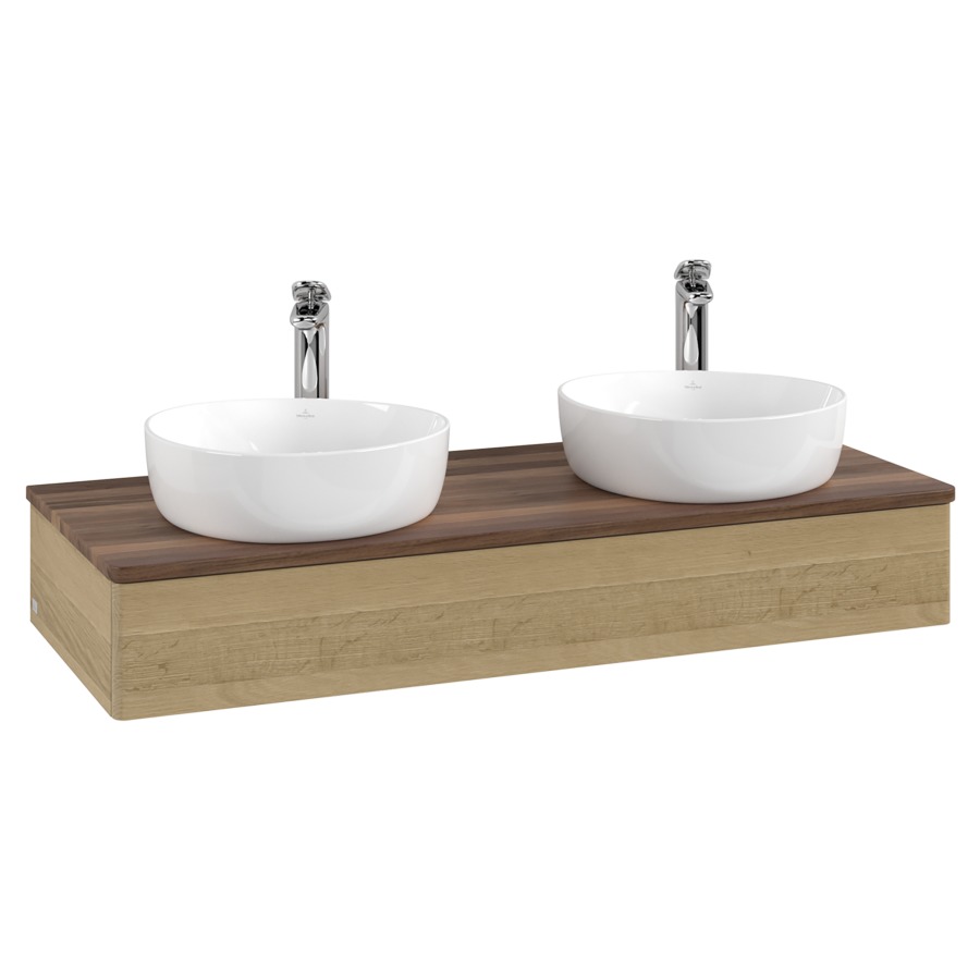 Élément inférieur  Antao
120 x 19 x 50 cm
élément de tiroir, 1&nbsp;tiroir
avec siphon gain de place
avec matériel de fixation
pour 2 lavabos à poser 101037/101038/234182
recouvrement Warm Walnut, avec trou pour robinet