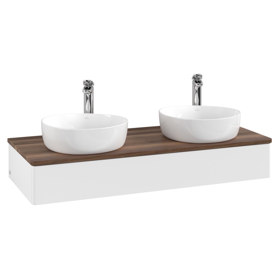 Élément inférieur  Antao
120 x 19 x 50 cm
élément de tiroir, 1&nbsp;tiroir
avec siphon gain de place
avec matériel de fixation
pour 2 lavabos à poser 101037/101038/234182
recouvrement Warm Walnut, avec trou pour robinet