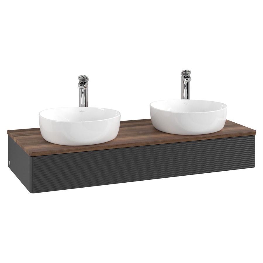 Élément inférieur  Antao
120 x 19 x 50 cm
élément de tiroir, 1&nbsp;tiroir
avec siphon gain de place
avec matériel de fixation
pour 2 lavabos à poser 101037/101038/234182
recouvrement Warm Walnut, avec trou pour robinet