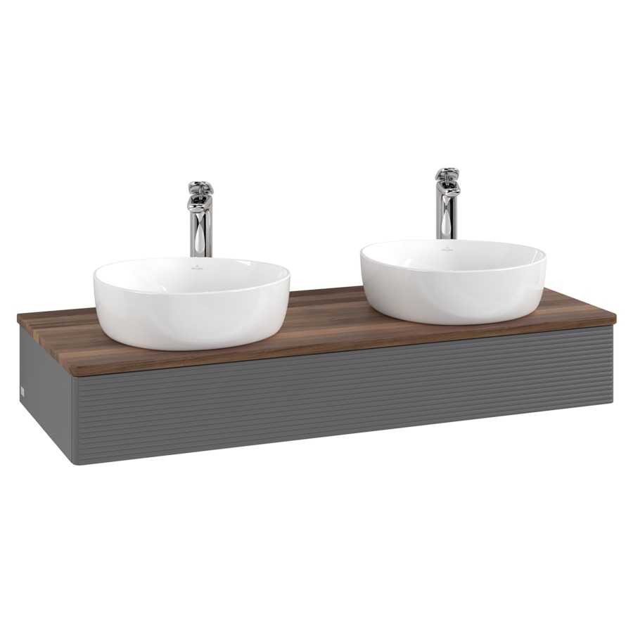 Élément inférieur  Antao
120 x 19 x 50 cm
élément de tiroir, 1&nbsp;tiroir
avec siphon gain de place
avec matériel de fixation
pour 2 lavabos à poser 101037/101038/234182
recouvrement Warm Walnut, avec trou pour robinet