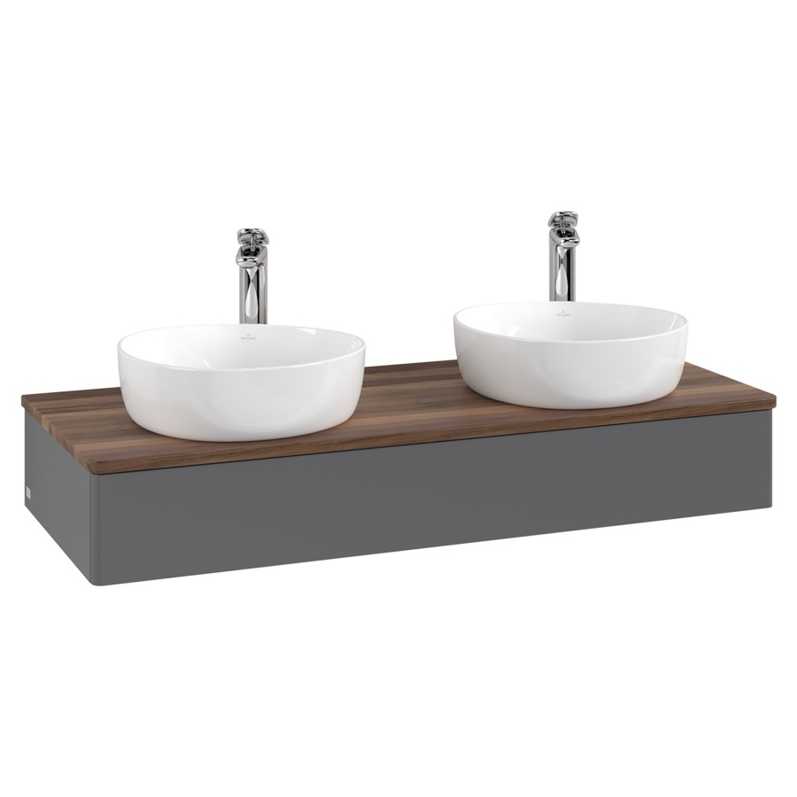 Élément inférieur  Antao
120 x 19 x 50 cm
élément de tiroir, 1&nbsp;tiroir
avec siphon gain de place
avec matériel de fixation
pour 2 lavabos à poser 101037/101038/234182
recouvrement Warm Walnut, avec trou pour robinet