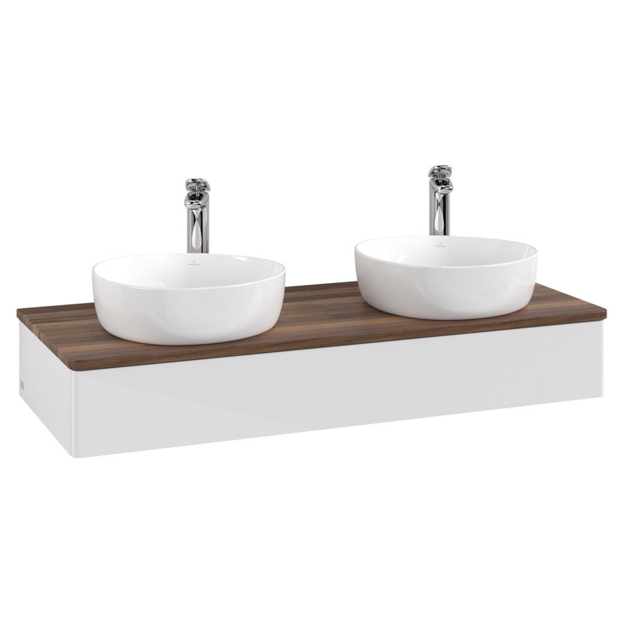 Élément inférieur  Antao
120 x 19 x 50 cm
élément de tiroir, 1&nbsp;tiroir
avec siphon gain de place
avec matériel de fixation
pour 2 lavabos à poser 101037/101038/234182
recouvrement Warm Walnut, avec trou pour robinet