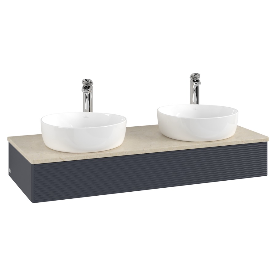 Élément inférieur  Antao
120 x 19 x 50 cm
élément de tiroir, 1&nbsp;tiroir
avec siphon gain de place
avec matériel de fixation
pour 2 lavabos à poser 101037/101038/234182
recouvrement Botticino, avec trou pour robinet