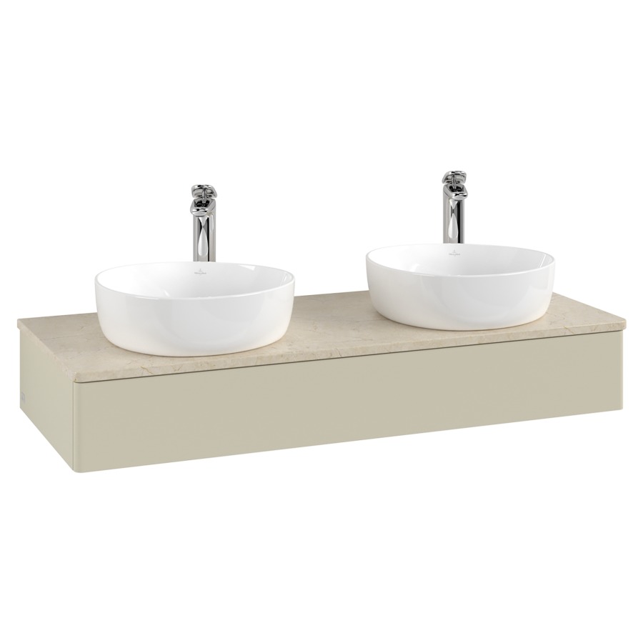 Élément inférieur  Antao
120 x 19 x 50 cm
élément de tiroir, 1&nbsp;tiroir
avec siphon gain de place
avec matériel de fixation
pour 2 lavabos à poser 101037/101038/234182
recouvrement Botticino, avec trou pour robinet